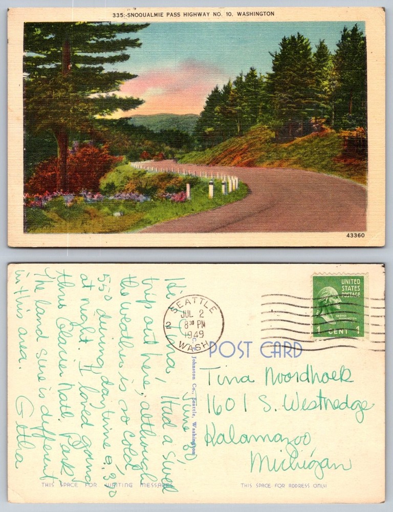1949 Snoqualmie Pass Highway #10 Washington Linen Postcard Posted