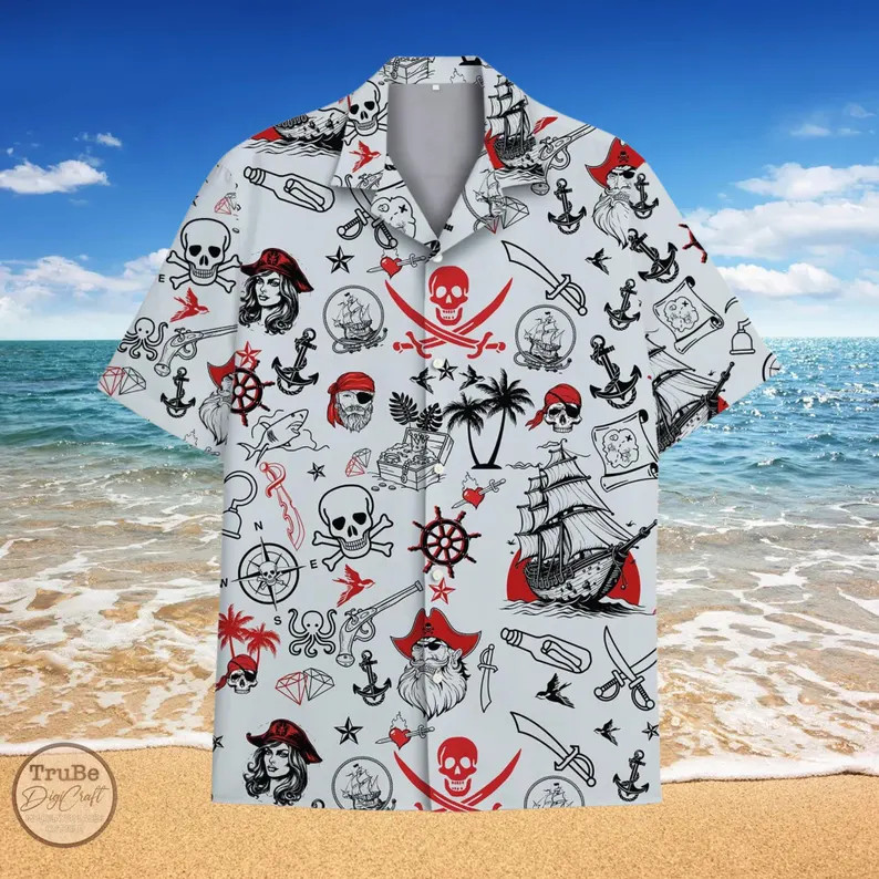 Pirate Skull Hawaii Shirt Men's Beach Vacation Aloha