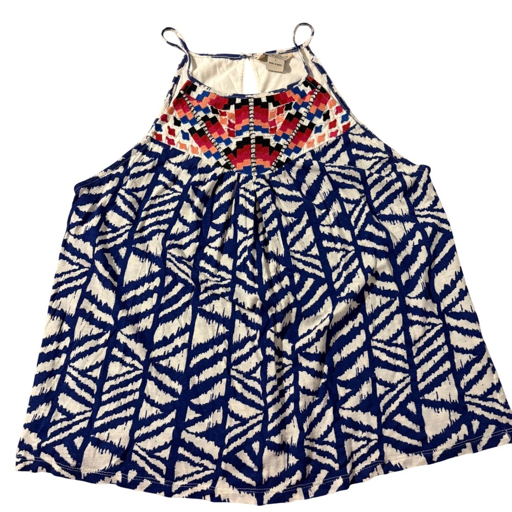 Lucky Brand Blue White Geometric Embroidered Halter Tank Top L Boho Sleeveless