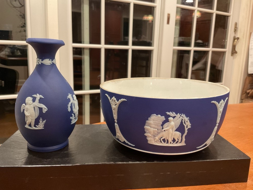 Wedgwood Cobalt Blue Jasperware Neoclassical Scenes 6” Bowl + 5” Vase