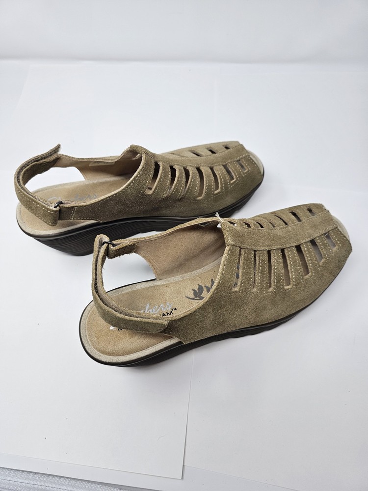 Skechers Women's Beige Leather Wedge Sandals Size 9 Comfort Trapezoid Design