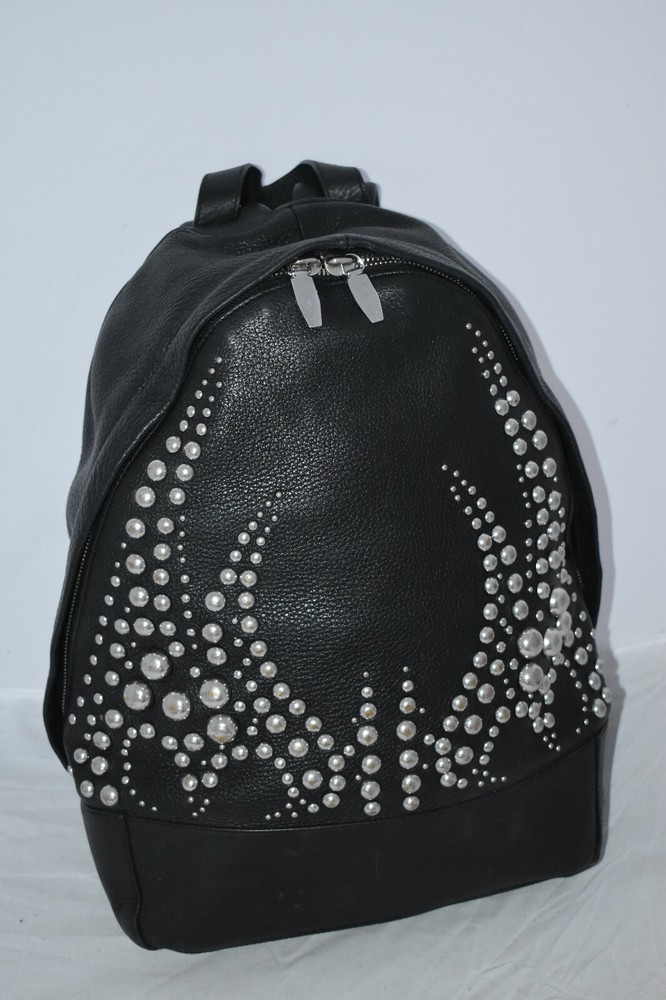Alexander Wang Black Leather Studded Rhodium Silver Zip Backpack  