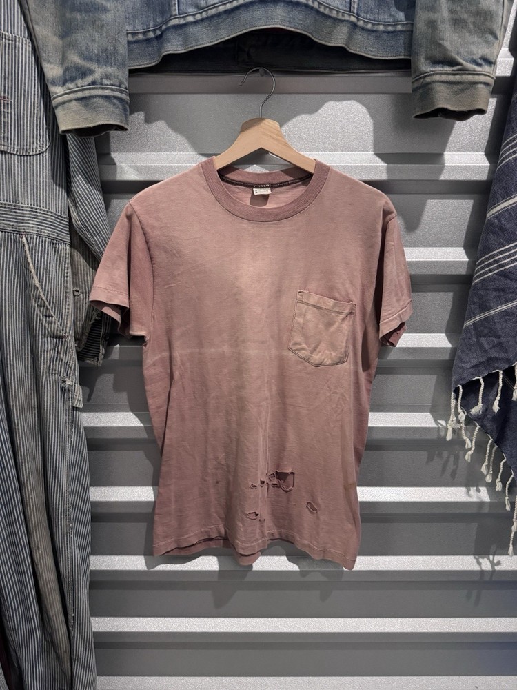 Vintage 60s Faded and Distressed Light Pink Pocket T Shirt Size M/L