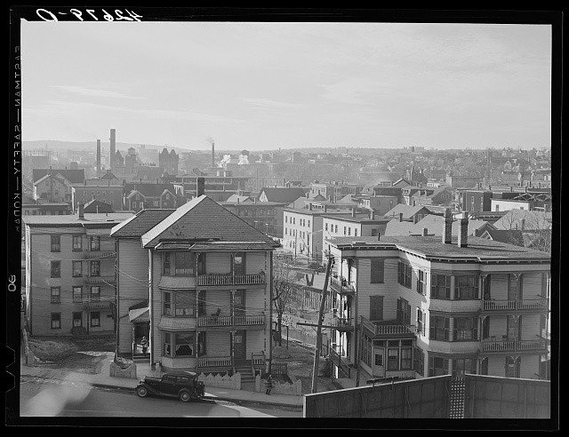 Photo:Woonsocket Rhode Island 1940s Houses Cityscape Apartments Vehicle