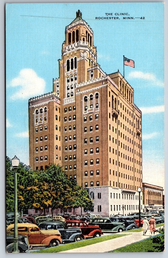 Rochester Minnesota~The Clinic Bldg Exterior View~PM 1944~Vintage Linen Postcard