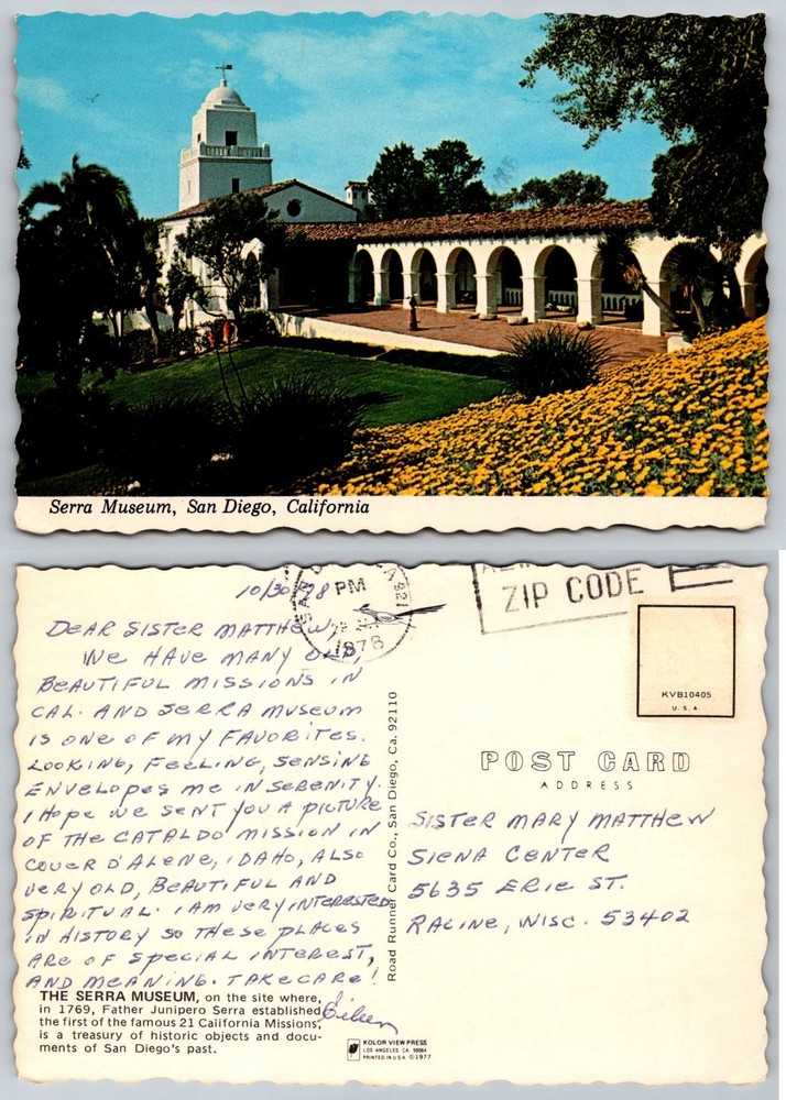 Serra Museum San Diego California Postcard 1977 Mission Architecture Posted 1978