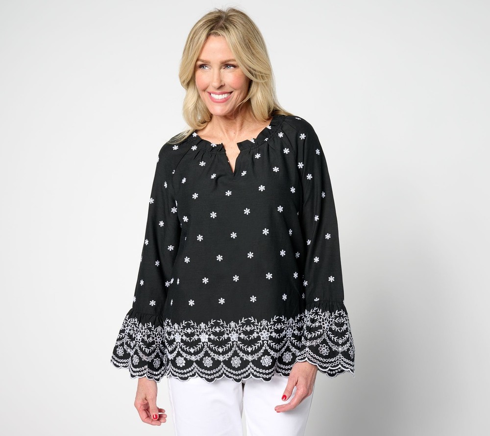 Belle by Kim Gravel Women's Top Sz M Daisy Pop Embroidered Blouse Black A646302