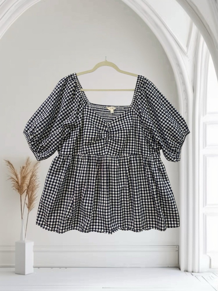 Womens Navy Gingham Puff Sleeve Top Size 1X Coquette Summer Preppy Country Chic