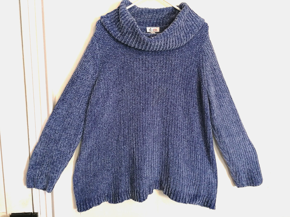 Denim & Co Womens Sweater 1X Plus Blue Cowl Neck Ribbed Soft Cozy Long Sleeve
