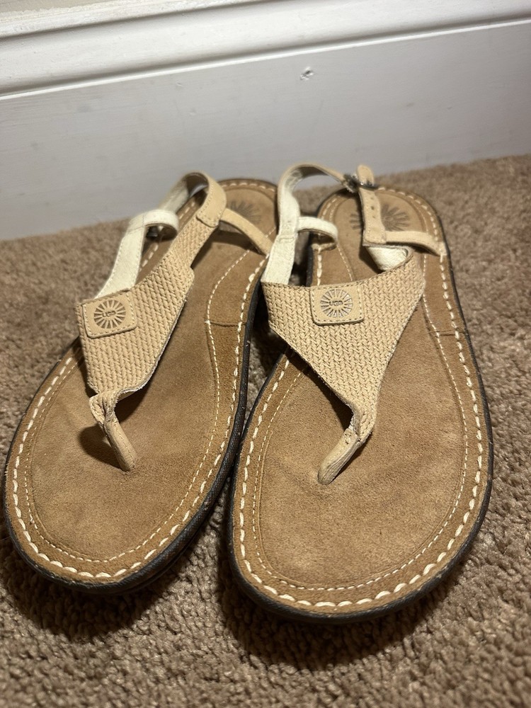 UGG Sandals Sefina Thong Women Size 7 Tan Leather Comfort Slingback 3132