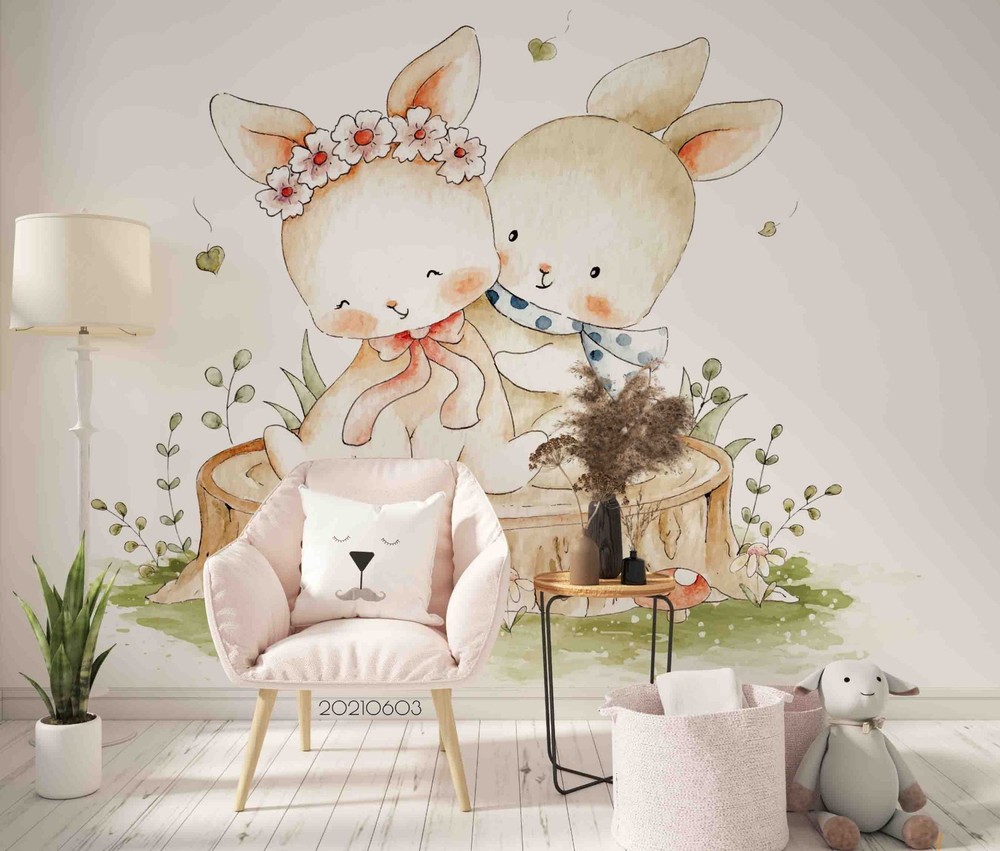 3D Rabbit Cartoon Watercolor Wall Murals Wallpaper Murals Wall Sticker