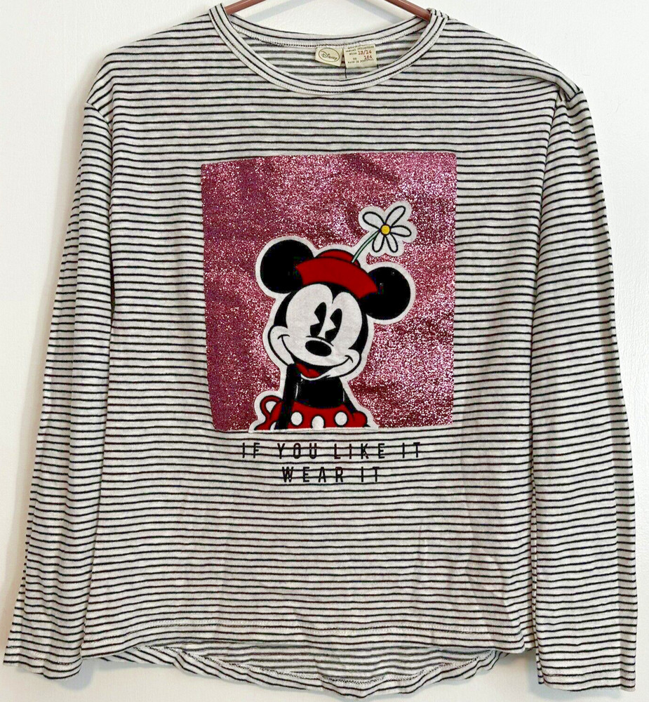 Disney Minnie Mouse Girls Size 13/14 Stripes & Glitter Long Sleeve Shirt by ZARA