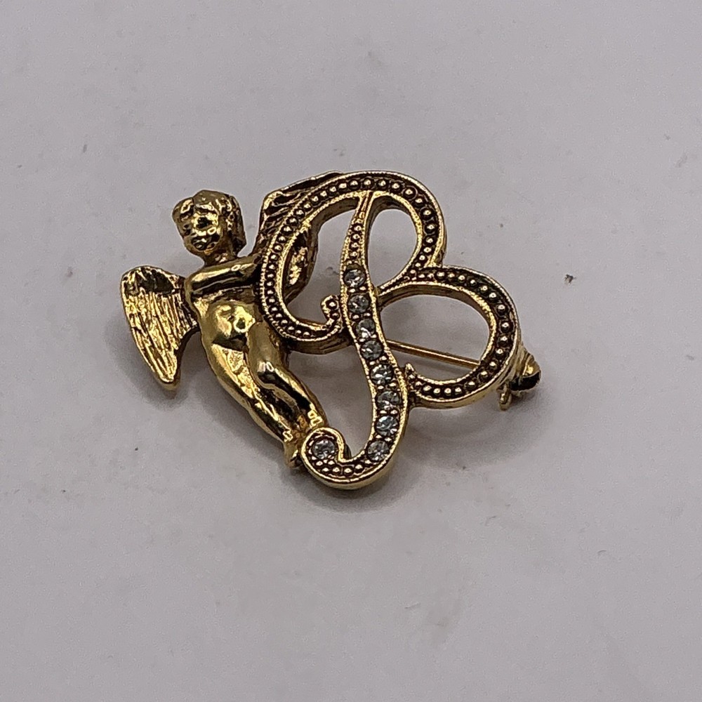 Vintage Gold Tone Guardian Angel Cherub Initial B Brooch Lapel Pin Rhinestones