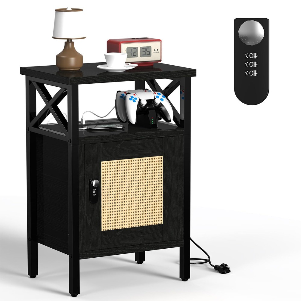 Rattan Nightstand with Lock, End Table with Charging Station, Side Table with...