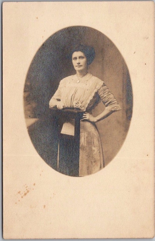 Vintage Real Photo RPPC Postcard Young Woman Holding Rose / Studio Portrait