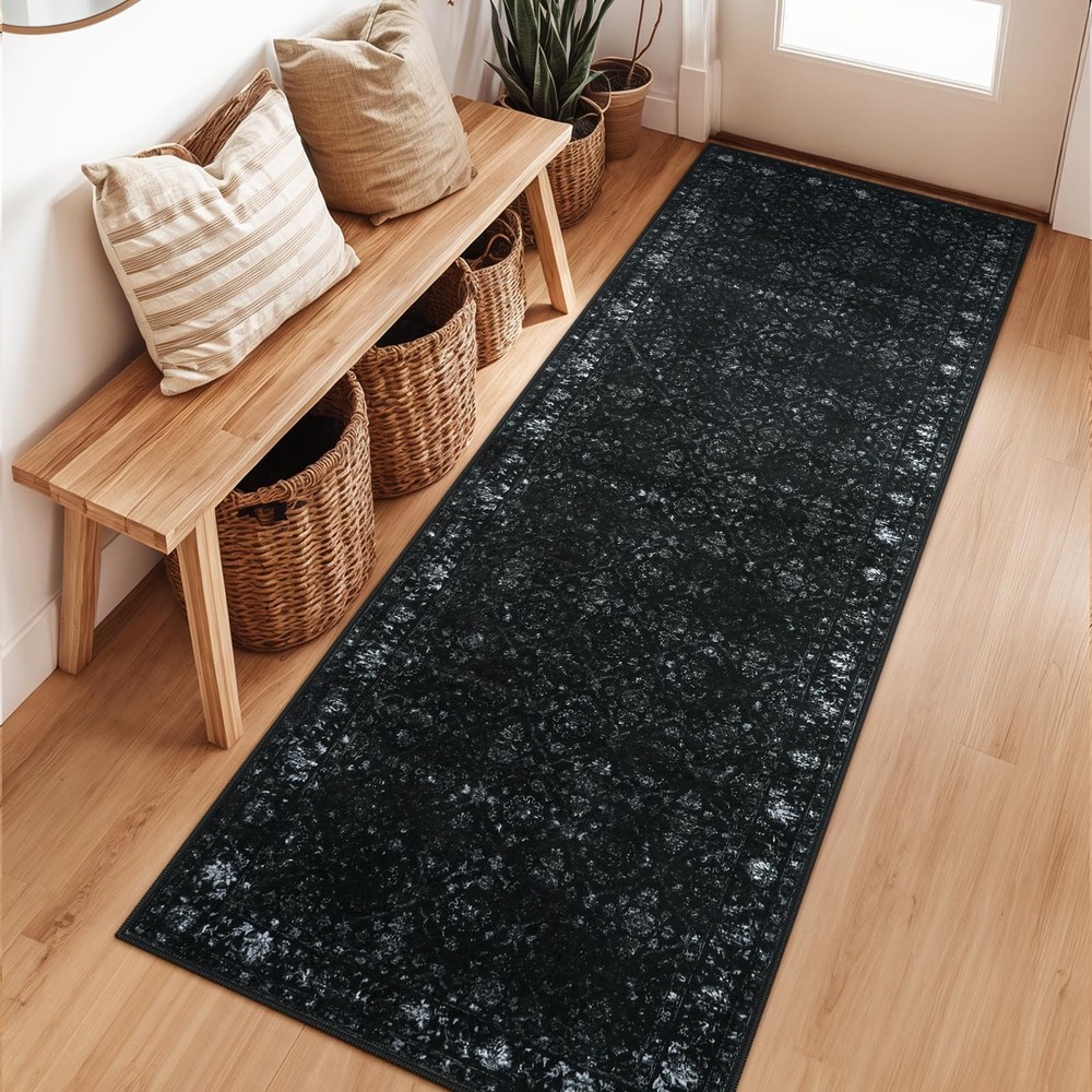 Vintage Black Kitchen Runner Rug, 2x6 Washable Runners for Hallways Non Slip,...
