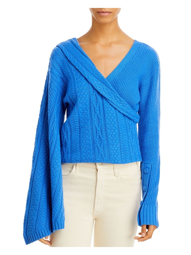 HELLESSY Womens Blue Drop Shoulders V Back Crossover Long Sleeve Sweater S