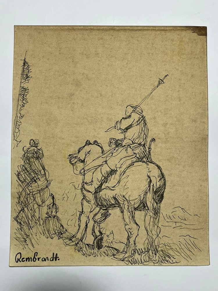 REMBRANDT drawing and painting on old paper signed stamped vintage