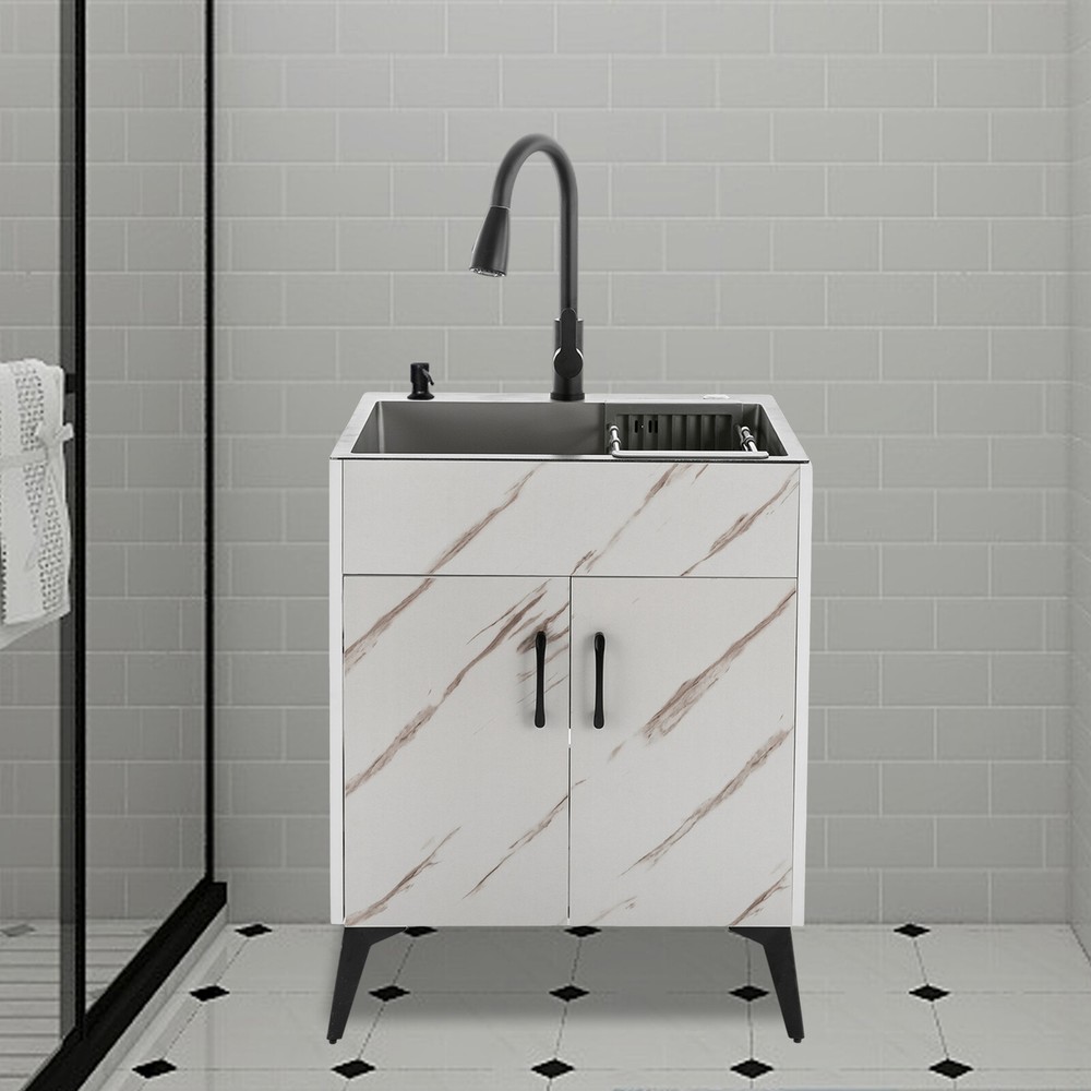24in White Laundry Utility Cabinet with Stainless Steel Sink and Faucet