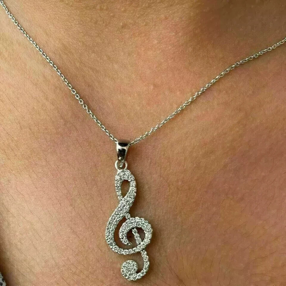 1Ct Round Cut Real Moissanite Music Note Pendant Necklace 14K White Gold Plated