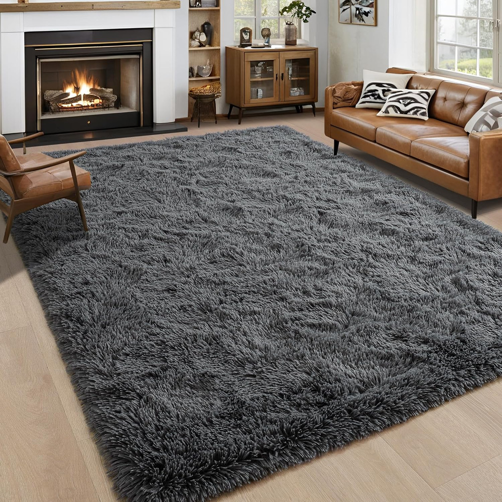Large Fluffy Dark Grey 5X7 Area Rugs for Living Room Bedroom,Thick Shag Throw Ru