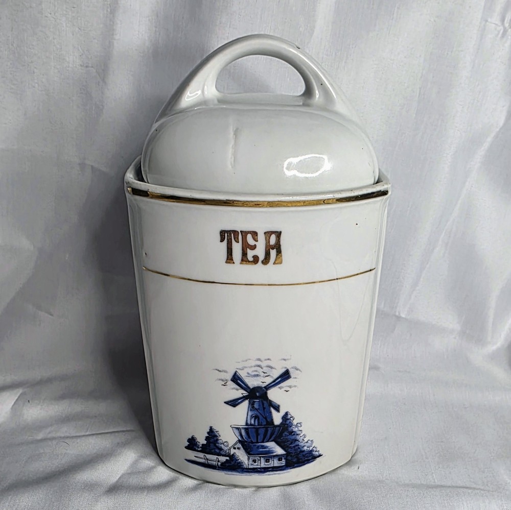 Vintage Germany Blue Dutch Windmills Ceramic Tea Canister with Lid