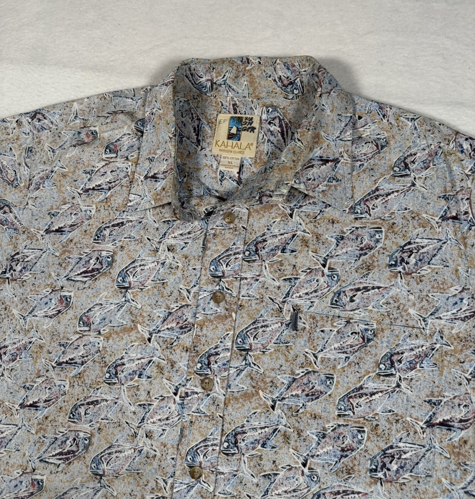 Kahala Avi Collection Hawaiian Camp Shirt Fish Print Blue Made in USA