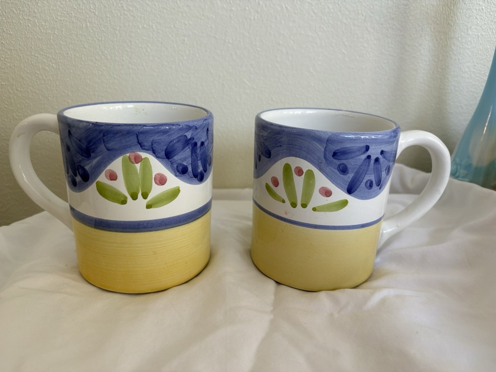 2 Caleca Hand Painted Earthenware Mugs Made In Italy, Vintage Caleca Coffee Mug.