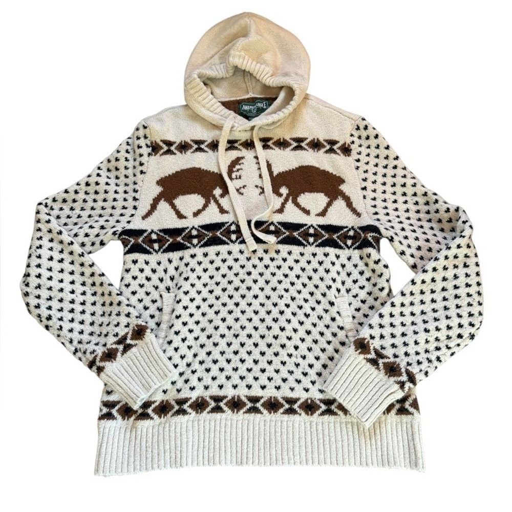 American Eagle Outfitters Knit Hooded Pullover Deer Elk Sweater Men Medium Cream