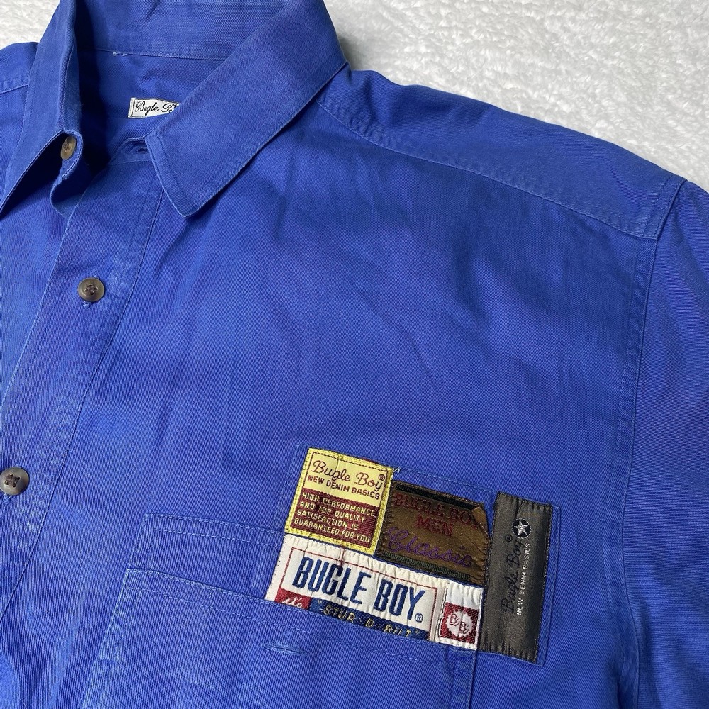 VINTAGE 80s Bugle Boy Co Mens Blue Short Sleeve Button Up Shirt Size Large patch