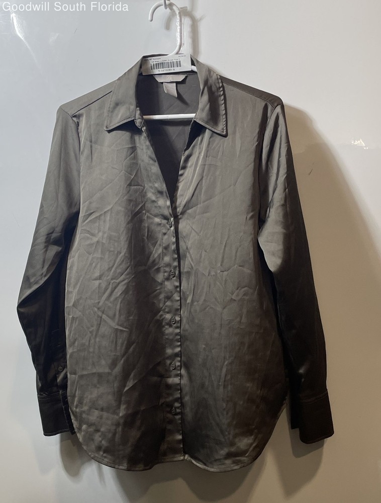 H&M Womens Green Satin Long Sleeve Collared Button-Up Shirt Size Small