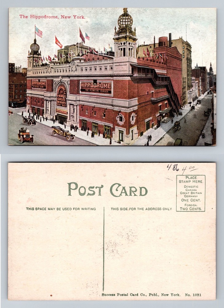 New York City NY, Hippodrome Theater Flags & Marquee Vintage Postcard