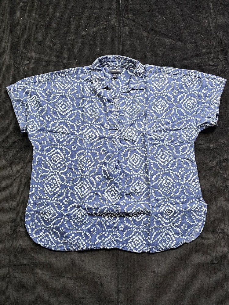 Vtg Women's Lands' End Blue White Paisley Short Sleeve Top Size XL