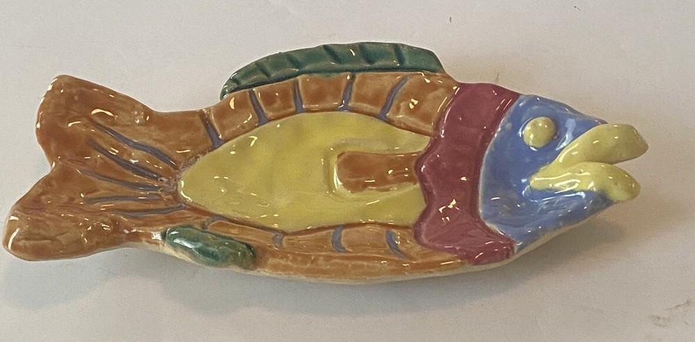 Colorful Glazed Rainbow Fish Clay Sculpture Abstract Art Pottery 8.25 Inch-image