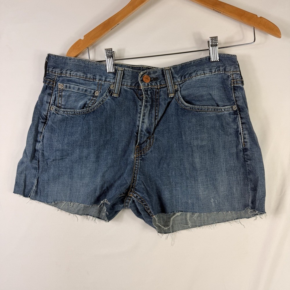 Levi's 527 Dark Blue Denim Cut Off Shorts Distressed Frayed Hem Women's 32
