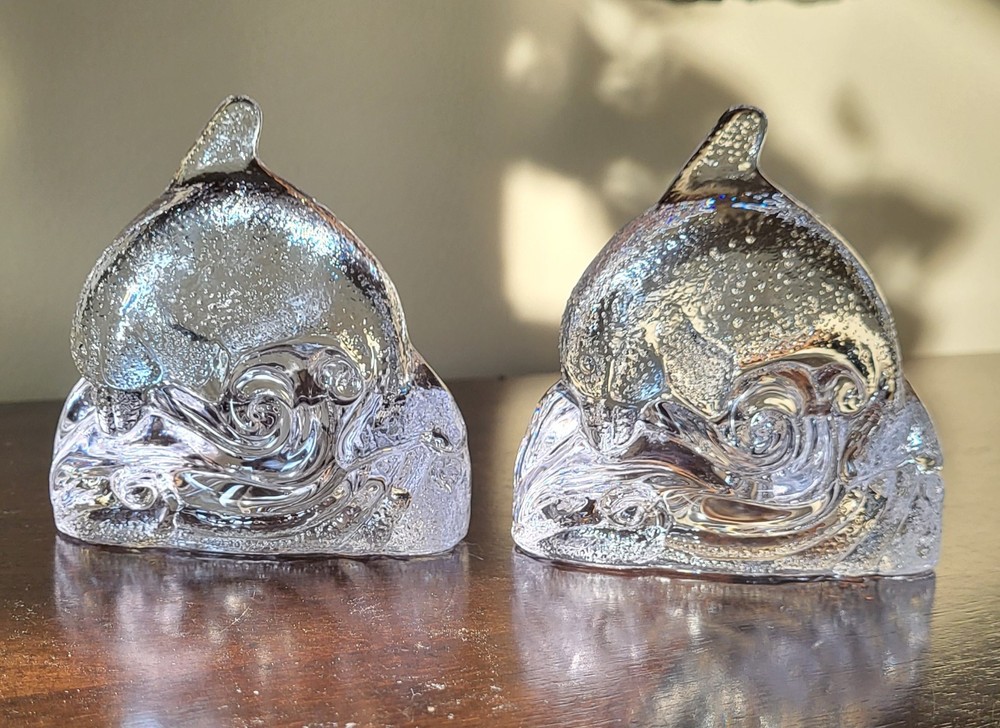 Set of 2 PartyLite Dolphin In Ocean Waves Crystal Tealight Candle Holder Beachy