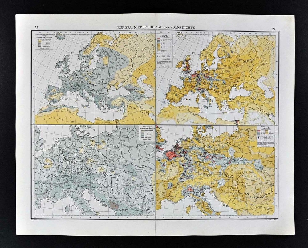 1901 Andrees Europe Map Rainfall & Population Density France Italy Germany Spain