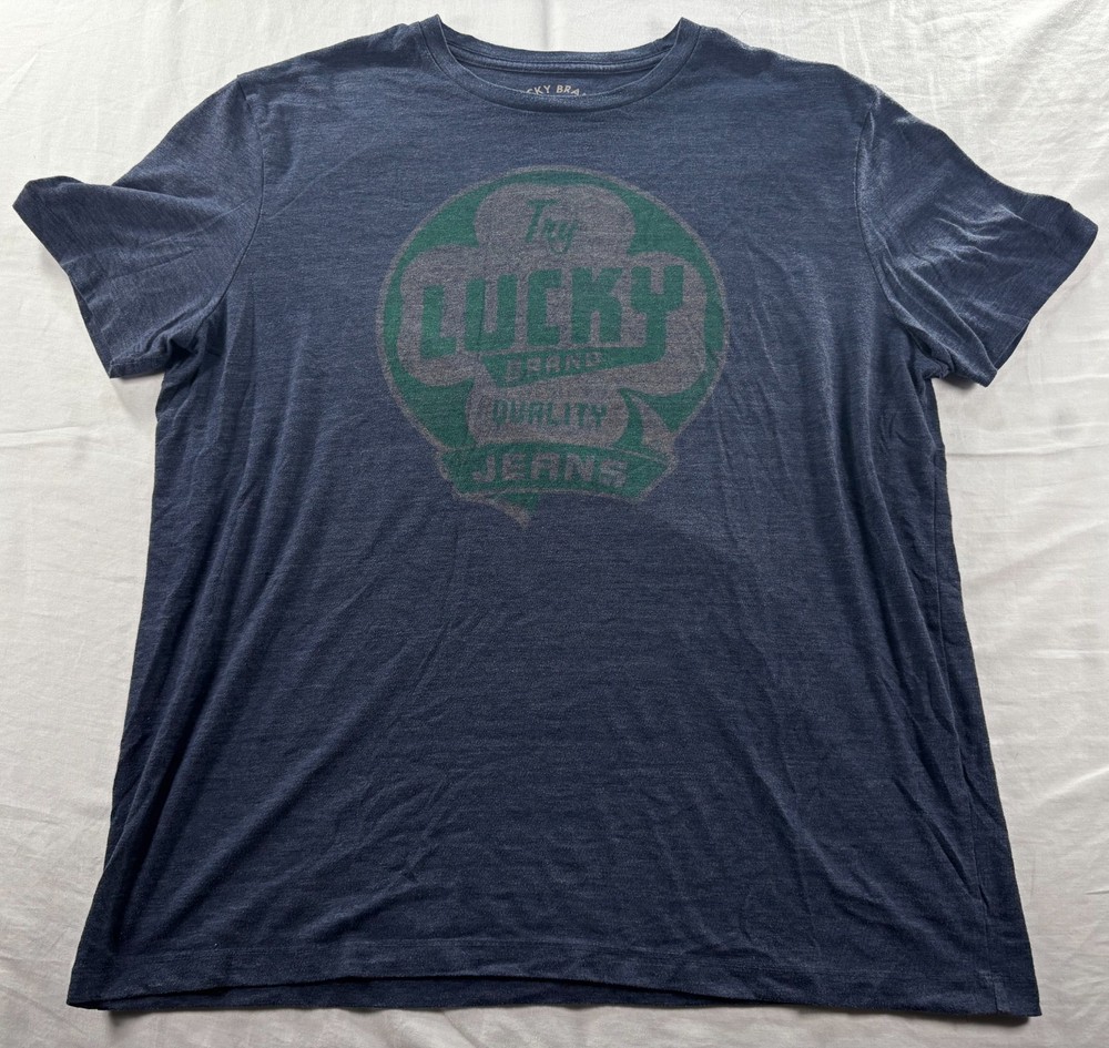 Lucky Brand Graphic T-Shirt Mens Sz XL Four Leaf Clover Blue Lightweight Soft
