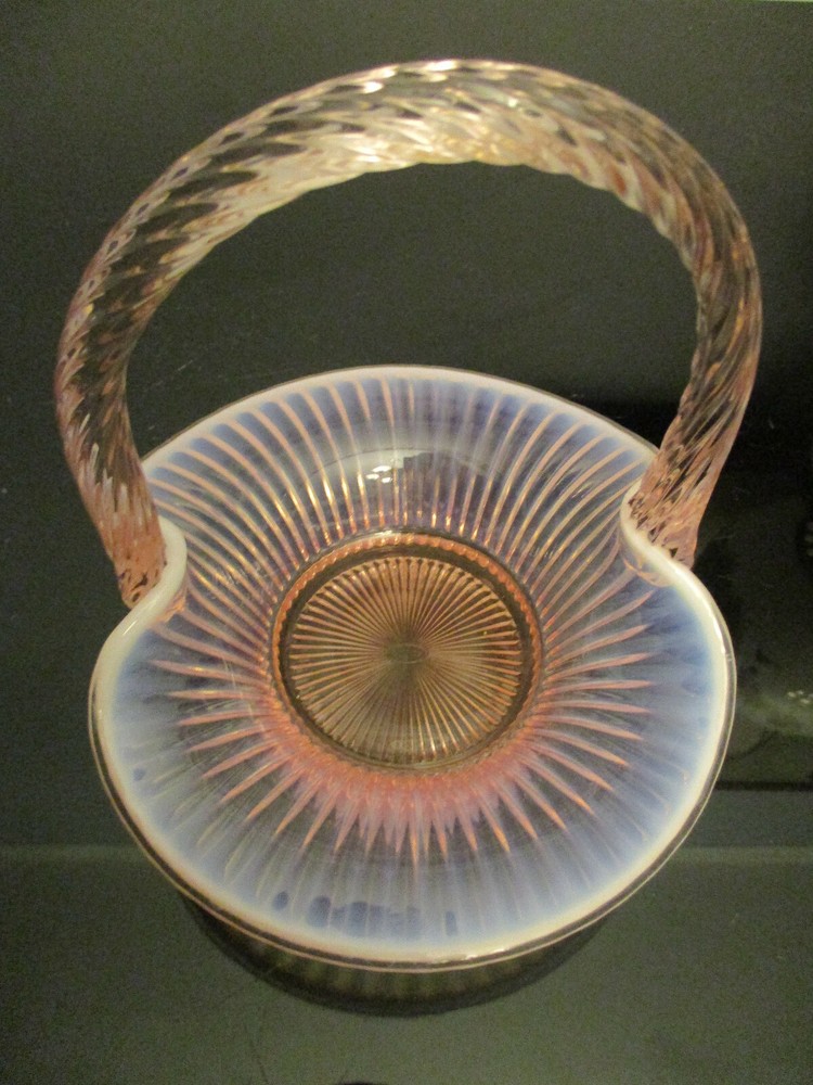 Signed Fenton Pink Opalescent Art Glass Basket Ribbed Applied Twisted Handle!