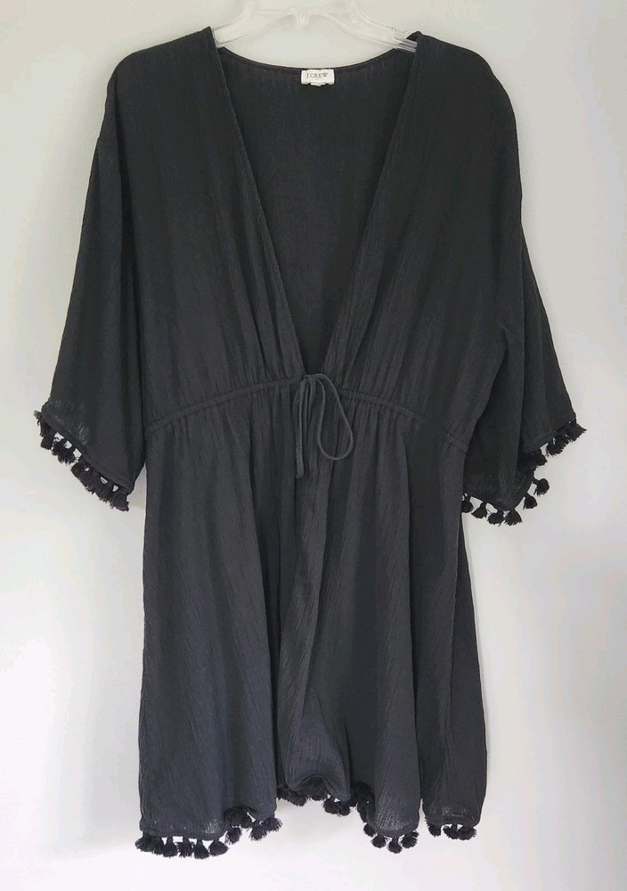 J. Crew Cotton Gauze Kimono Swim Cover Up Black Tassel Trim Boho Tunic Size XL