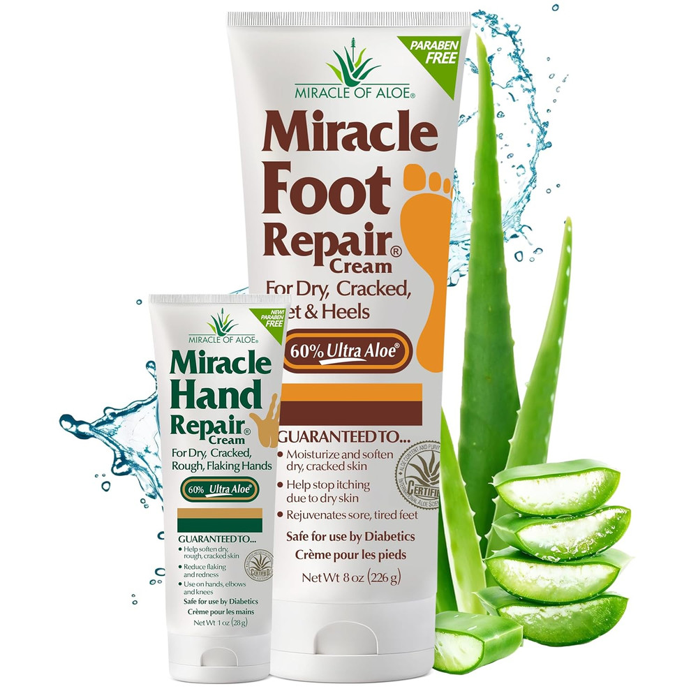 Miracle Foot Repair Cream, 8 oz + 1 oz Miracle Hand Repair, Healing Aloe Vera Lo