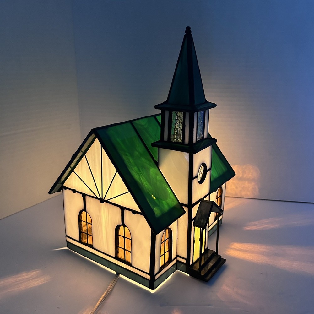 Tiffany Style Lamp Stained Glass Church House Table Light Vintage Collectible