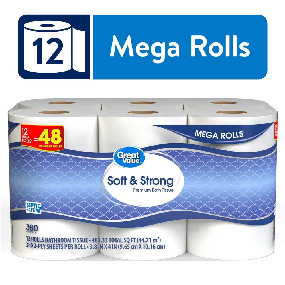 Great Value Soft Strong Premium Toilet Paper 12 Mega Rolls