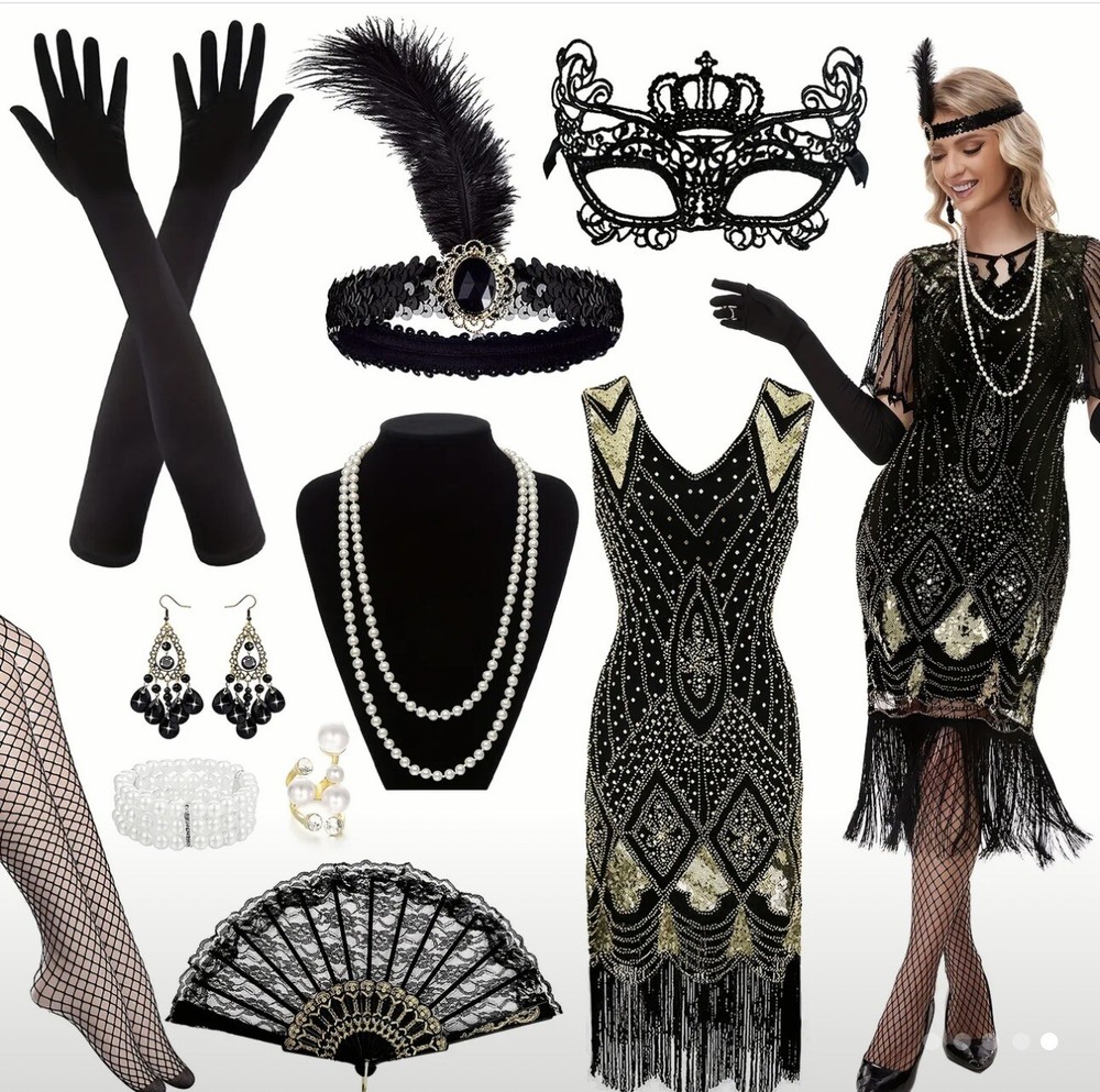Flapper Roaring 20's Black Dress Halloween Adult Costume w/Accessory