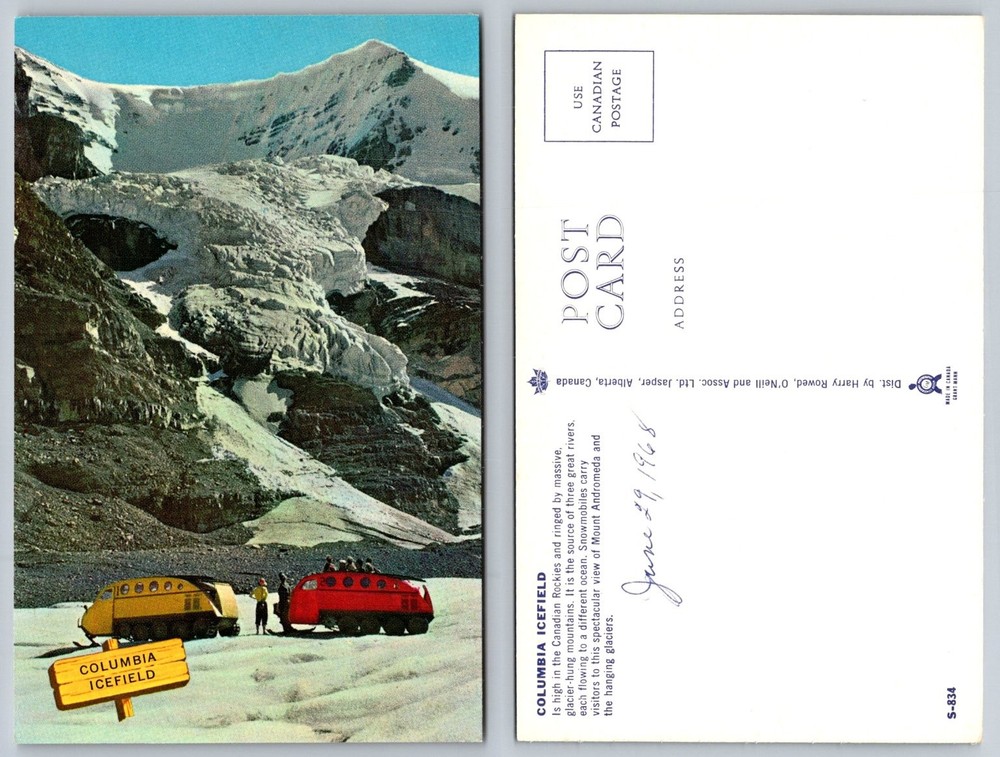 Vintage Columbia Icefield Postcard 1968 Snowmobiles Canadian Rockies Glaciers