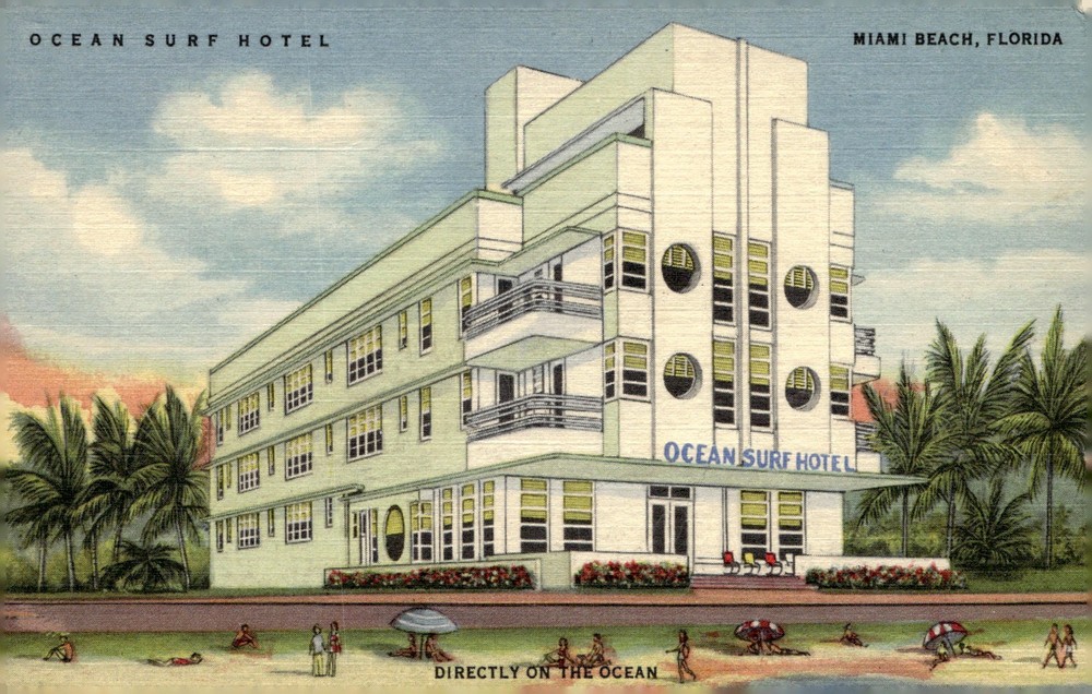 1940s Ocean Surf Hotel Miami Beach Florida Art Deco Linen Postcard