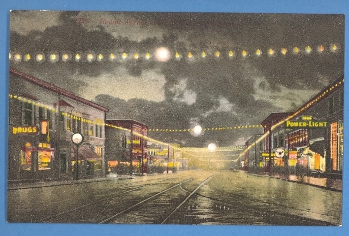 Washington-Hewitt Avenue At Night Everett Washington Postcard 2831