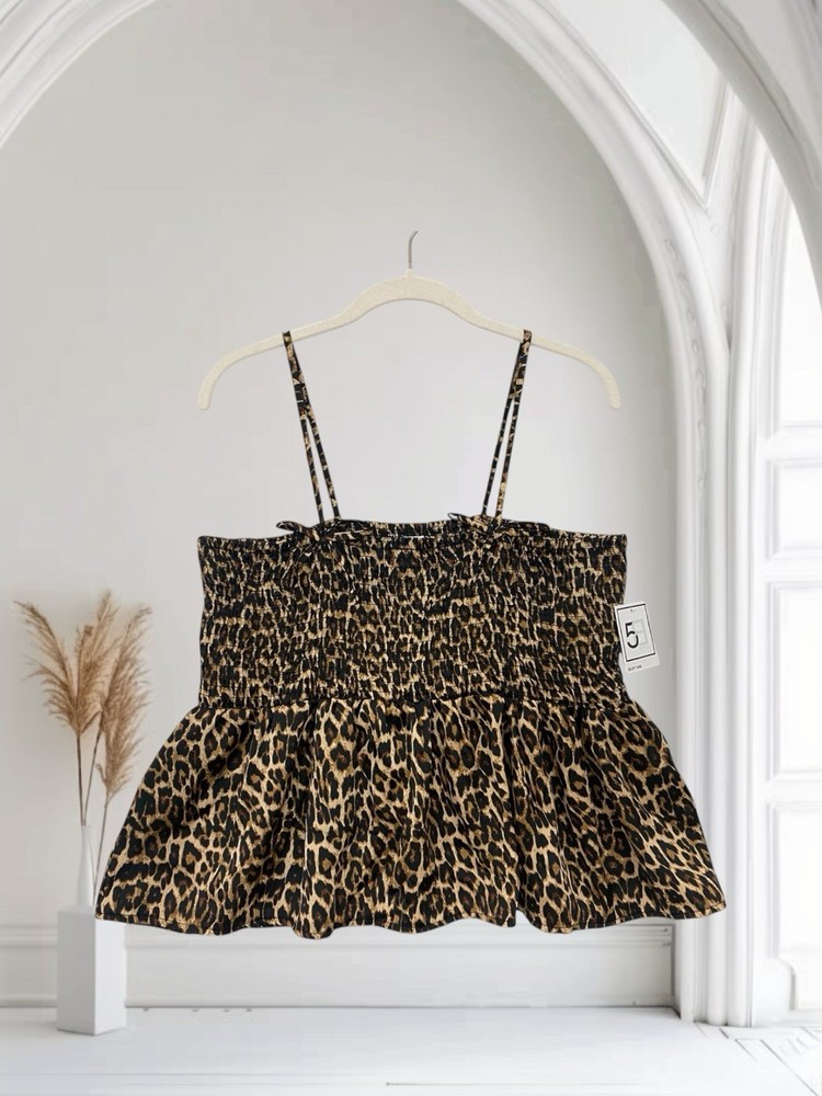 Women’s Smocked Satin Animal Print Peplum Crop Top Size XL Strappy NWT