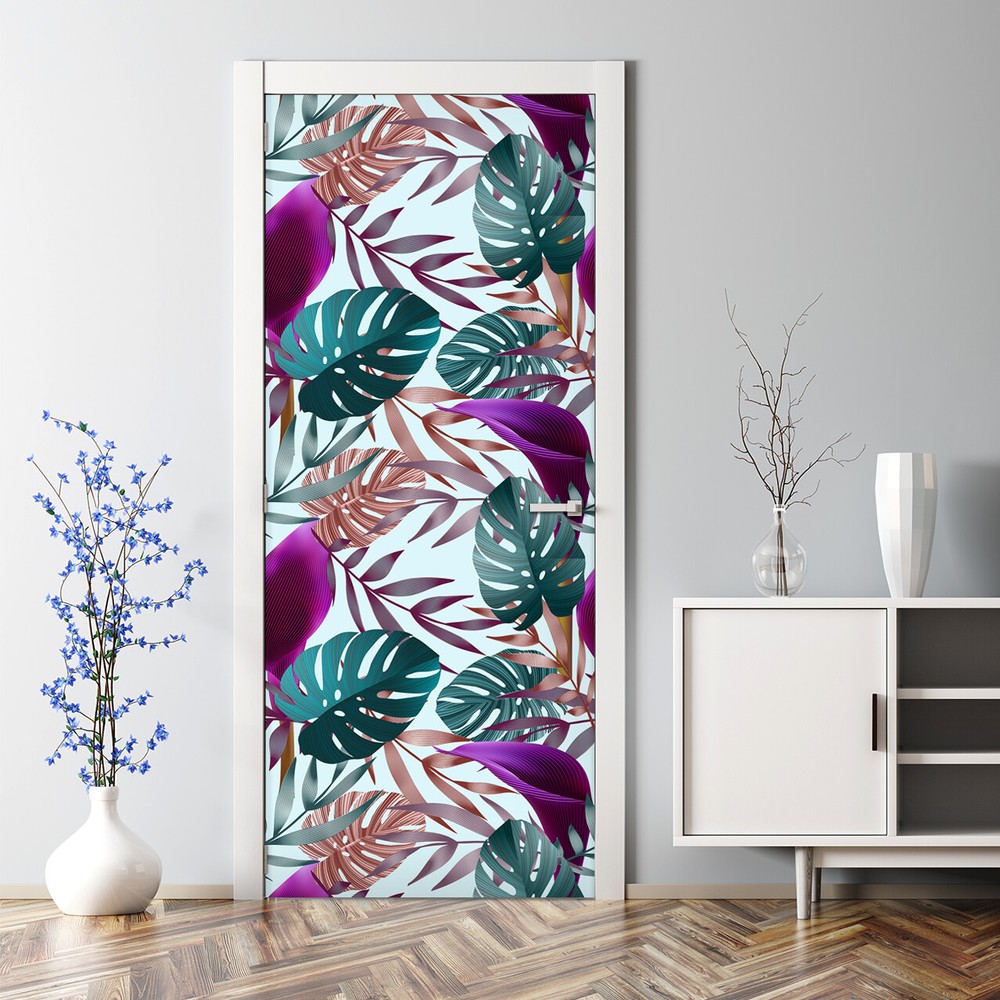 Tropical jungle bubble-free door decal in purple and green