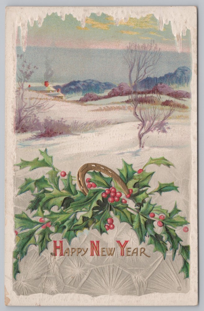 Holiday~Holly Horseshoe & Home On Hill New Year Greeting~Vintage Postcard